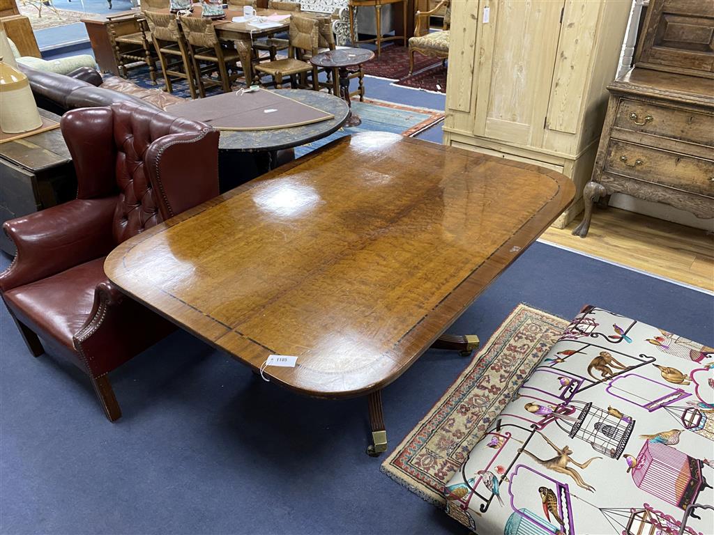 A George III banded mahogany rectangular breakfast table (a.f.), width 145cm, depth 110cm, height 72cm